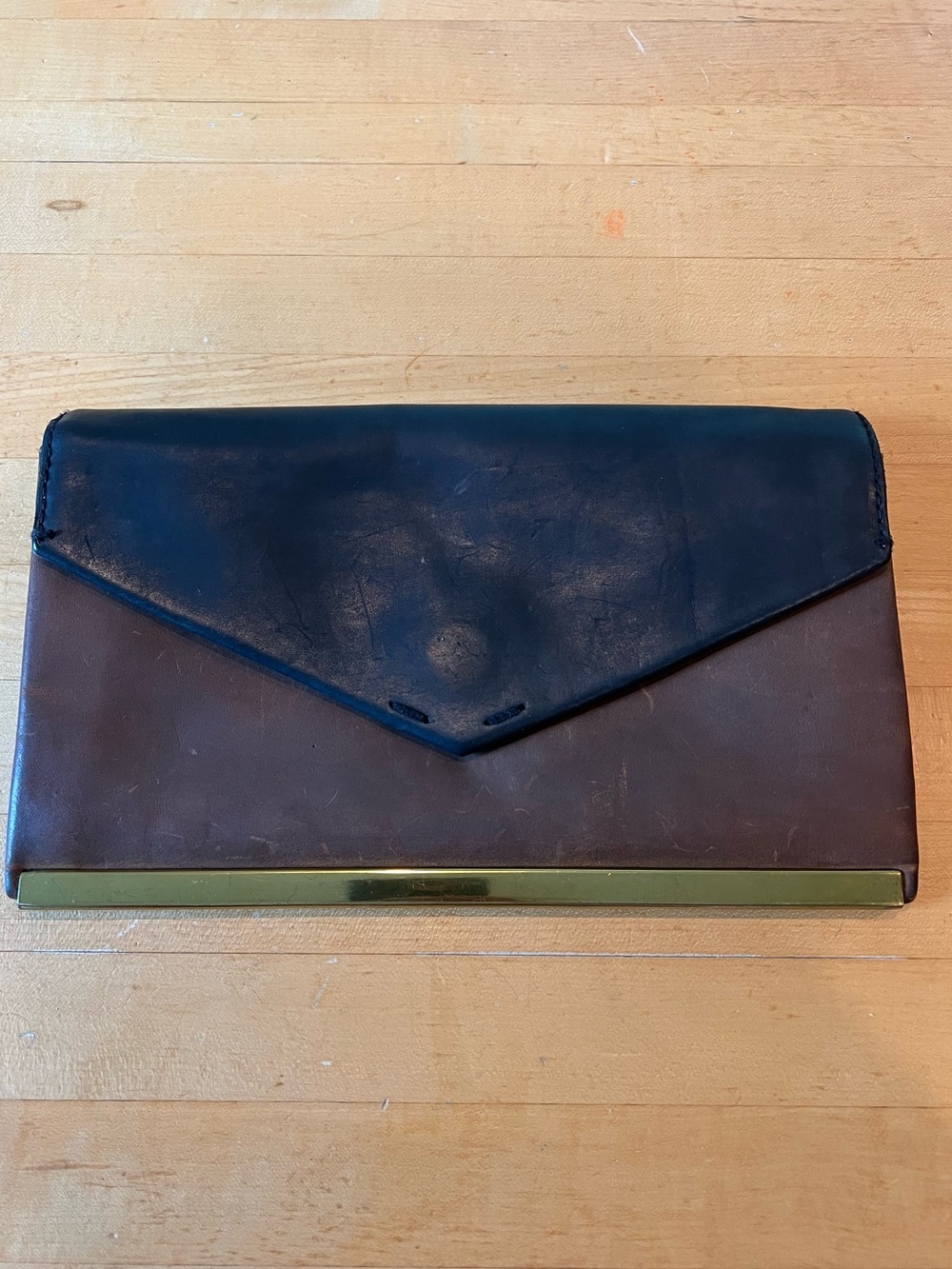 Madewell Clutch Envelope Black Brown Leather Brass Color Block Flap Wristlet